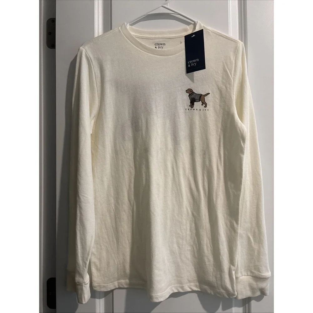 Crown & Ivy Kids Size L Long Sleeve T-shirt DOG WITH SWEATER‎ NWT LARGE